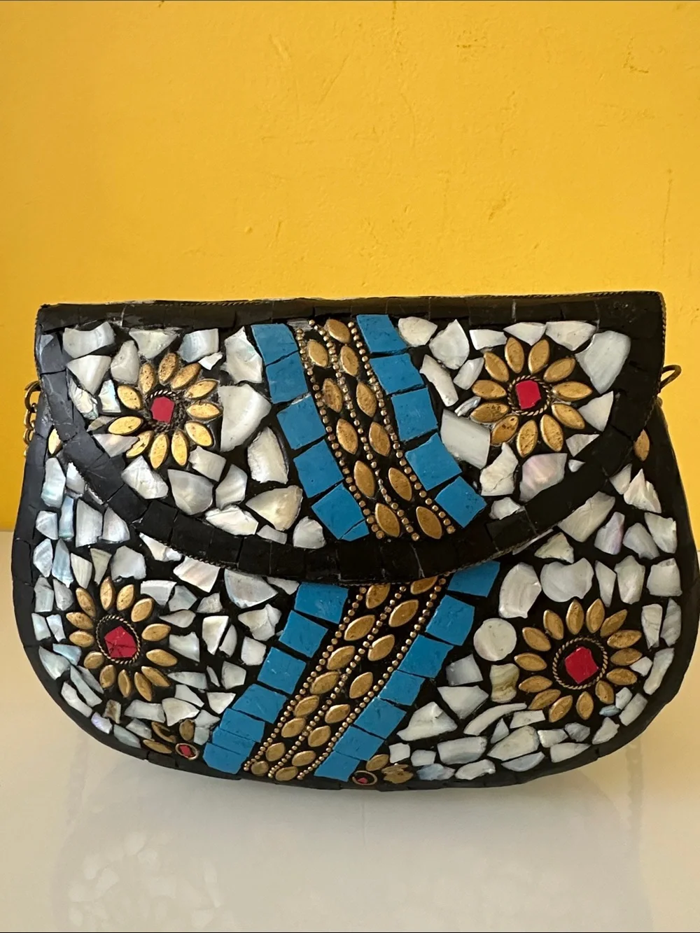 Handcrafted Moroccan Mosaic Flower Evening Boho Crossbody Bag in Blue and White